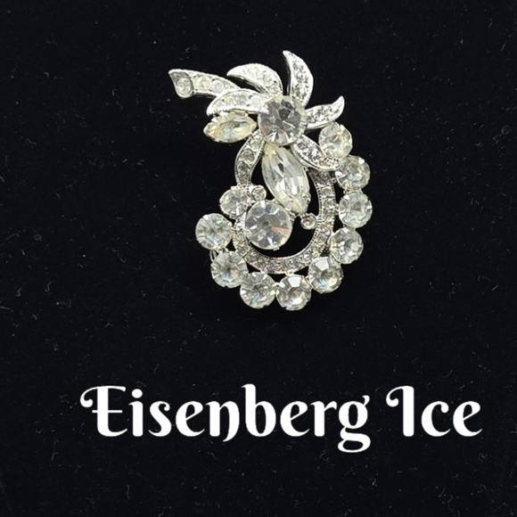 Eisenberg Ice Womens Clear Rhinestone Brooch Pin Silver Tone, Flower Curved Stem - Picture 1 of 11